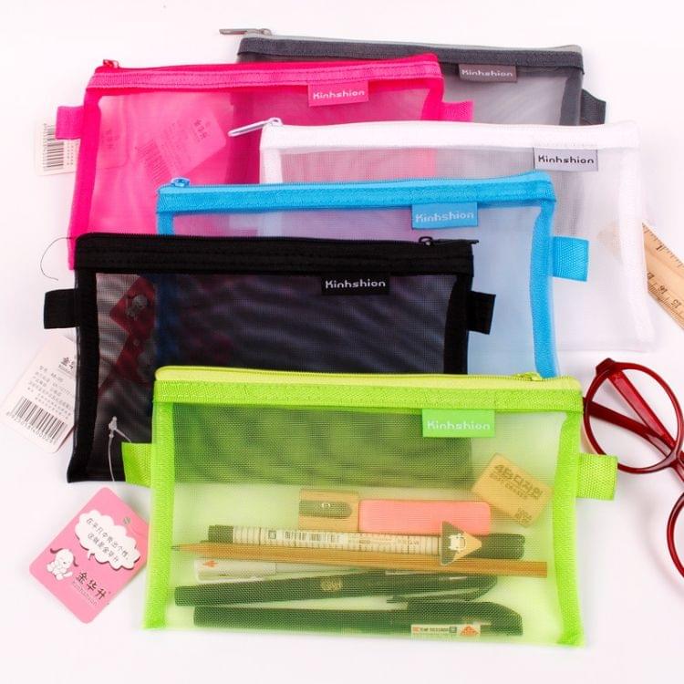 N81409 Transparent Grid Zipper Pen Bag Pencil Case Storage Package Grils Stationery School Supplies(L Black)