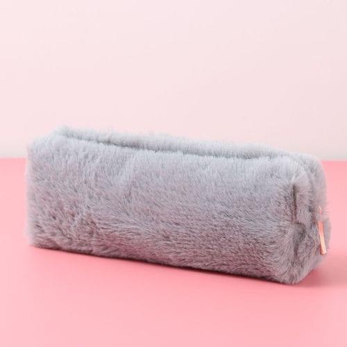 Kawaii Solid Color Plush Pencil Case Girls Large Capacity Pencil Bag Stationery Pencilcase Zipper Pen Box School Supplies(Gray)