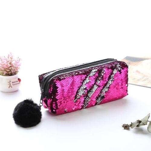 3 PCS Reversible Sequin Pencil Case for Girls School Supplies Super Big Stationery Gift Magic Makeup Bag(Magenta+Silver)