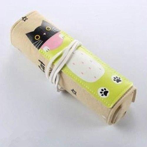 Cat Pattern Pencil Case School Pencil Case Canvas Roll Up Pencil Bag Portable Pencil Box School Supplies(Light Green Cat)