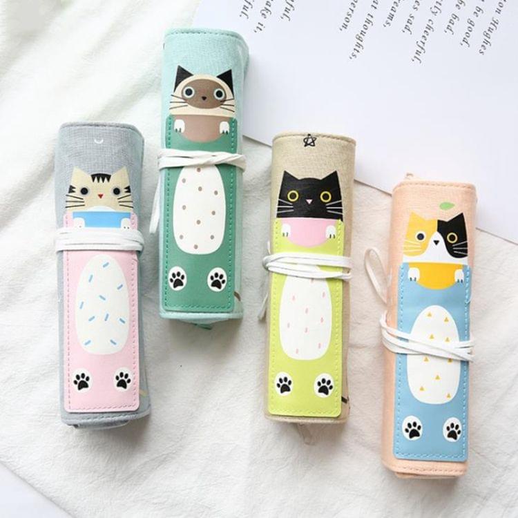 Cat Pattern Pencil Case School Pencil Case Canvas Roll Up Pencil Bag Portable Pencil Box School Supplies(Light Green Cat)