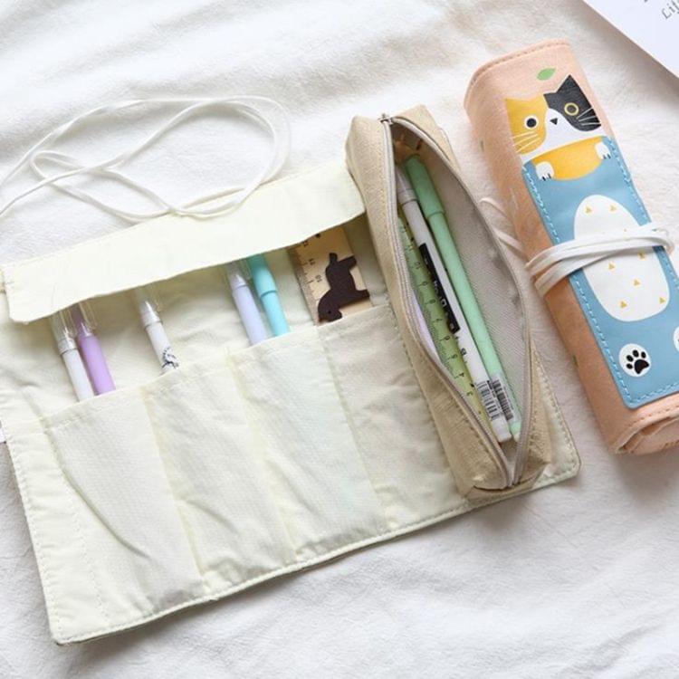 Cat Pattern Pencil Case School Pencil Case Canvas Roll Up Pencil Bag Portable Pencil Box School Supplies(Light Green Cat)