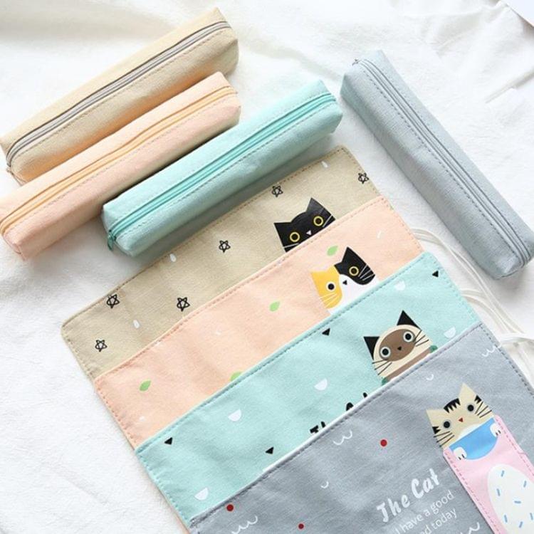 Cat Pattern Pencil Case School Pencil Case Canvas Roll Up Pencil Bag Portable Pencil Box School Supplies(Light Green Cat)