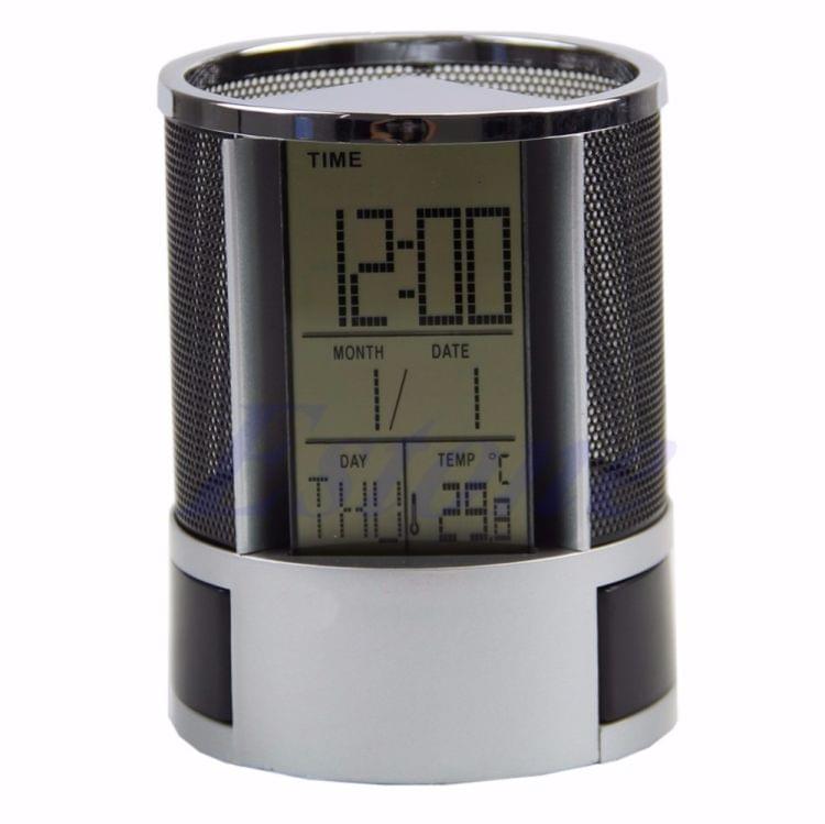 Desk Mesh Pen Pencil Holder Perpetual Calendar Office Supplies Multifunctional Digital LED Pens Storage Box(Blue)