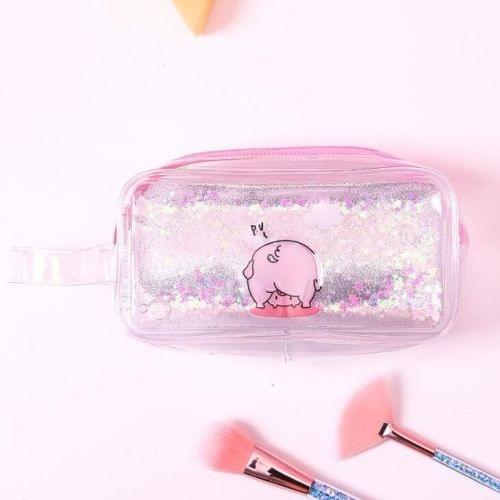 Cute PVC Pig Pattern Pencil Case Colorful Transparent Quicksand Girl Pen Bag Creative Stationery School Supplies(Silver  Cute Pig)