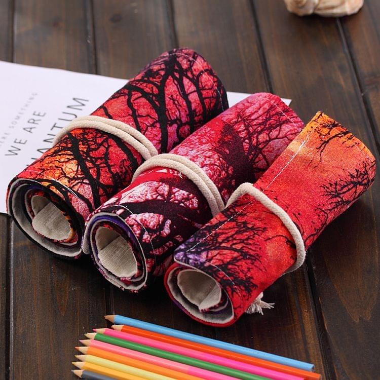 72 Slots Sunset Tree Print Pen Bag Canvas Pencil Wrap Curtain Roll Up Pencil Case Stationery Pouch