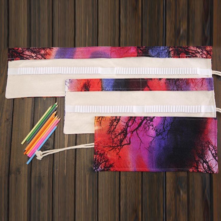72 Slots Sunset Tree Print Pen Bag Canvas Pencil Wrap Curtain Roll Up Pencil Case Stationery Pouch