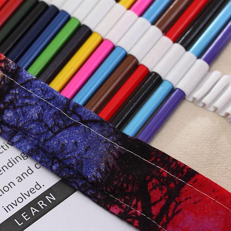 72 Slots Sunset Tree Print Pen Bag Canvas Pencil Wrap Curtain Roll Up Pencil Case Stationery Pouch