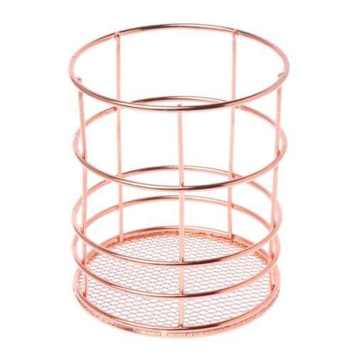 Rose Gold Metal Pen Holder Box Case Iron Art Receiving Basket Desk Stationery Office School Desk Supplies(Round)