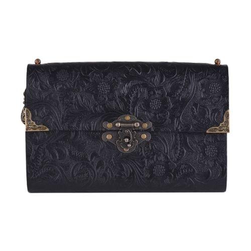 Embossed Pattern Soft Leather Travel Leather Notebook Diary Notepad with Lock & Key(Black)