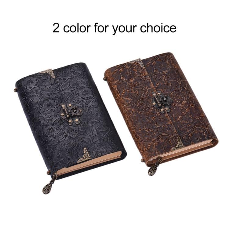 Embossed Pattern Soft Leather Travel Leather Notebook Diary Notepad with Lock & Key(Black)