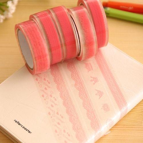 5 PCS 10m School Office Stationery Cute Transparent Lace Pattern Decorative Tape, Random Style Delivery (Pink)