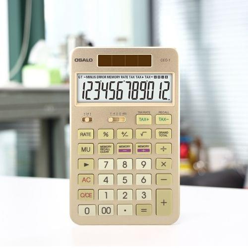 OSALO CEO-1 12 Digits LCD Display Multi-functional Student Scientific Calculator Solar Energy Dual Power Calculator (Gold)