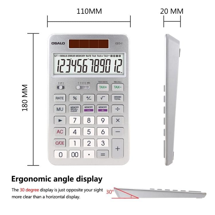 OSALO CEO-1 12 Digits LCD Display Multi-functional Student Scientific Calculator Solar Energy Dual Power Calculator (Gold)