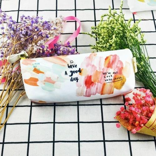 Kawaii Canvas Pencil Bags Cases Colorful Creative Brush Doodle Pouch School Supplies Stationery Pen Box(Pink and Orange)