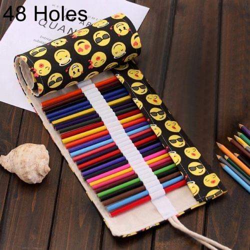 48 Slots QQ Emoji Print Pen Bag Canvas Pencil Wrap Curtain Roll Up Pencil Case Stationery Pouch