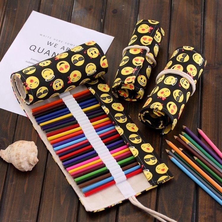 72 Slots QQ Emoji Print Pen Bag Canvas Pencil Wrap Curtain Roll Up Pencil Case Stationery Pouch
