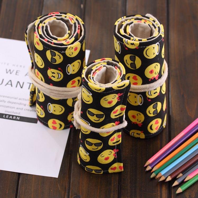 72 Slots QQ Emoji Print Pen Bag Canvas Pencil Wrap Curtain Roll Up Pencil Case Stationery Pouch