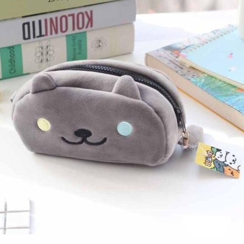 Cute Soft Short Plush Cat Makeup Bag Pen Bag Large Capacity Student Learning Pencil Case(Grey Cat )