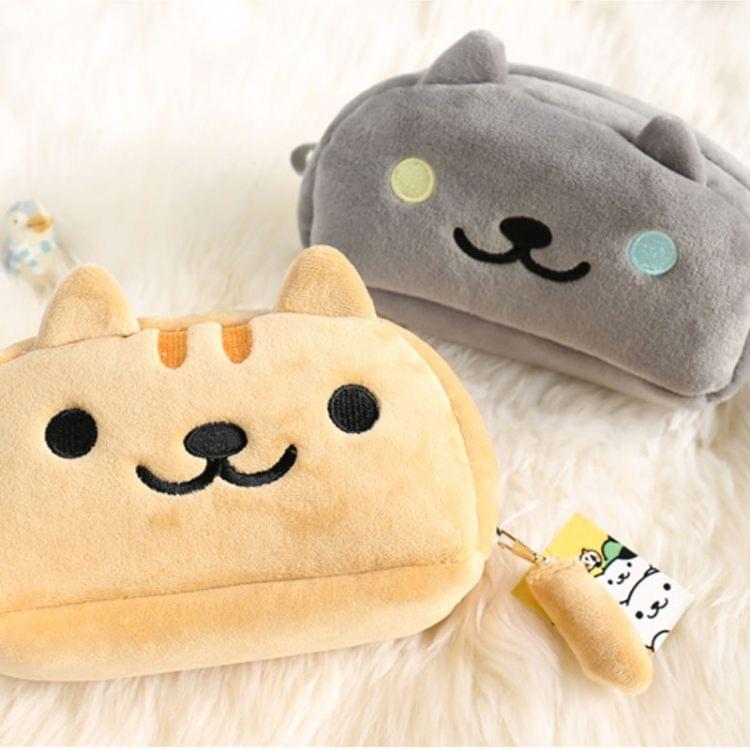 Cute Soft Short Plush Cat Makeup Bag Pen Bag Large Capacity Student Learning Pencil Case(Grey Cat )