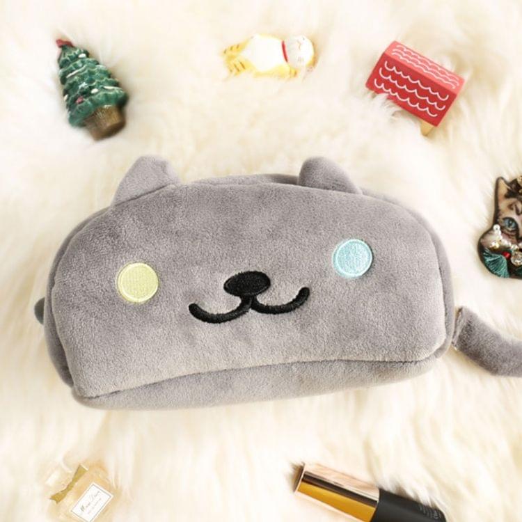 Cute Soft Short Plush Cat Makeup Bag Pen Bag Large Capacity Student Learning Pencil Case(Grey Cat )