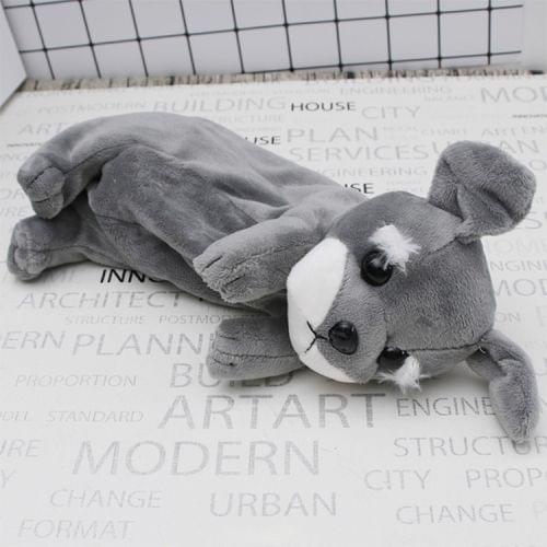 Kawaii Cartoon Plush Dog Pencil Case Cute Animal Pen Bag Box Kids School Supplies Stationery(Schnauzer Grey)