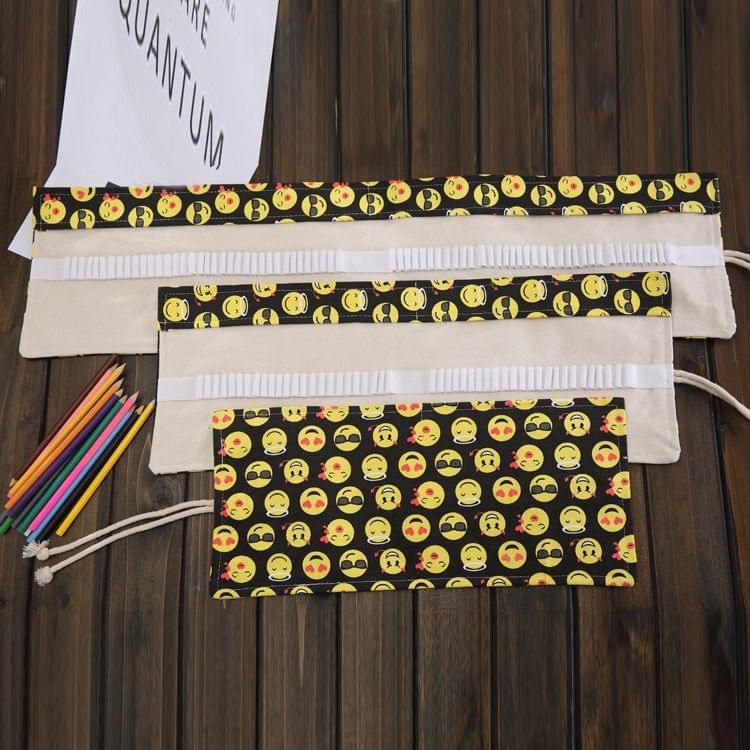 36 Slots QQ Emoji Print Pen Bag Canvas Pencil Wrap Curtain Roll Up Pencil Case Stationery Pouch