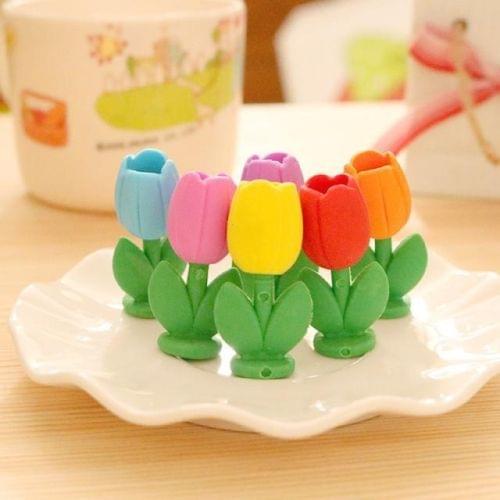 XZ160 6 PCS Creative Cartoon Flower Engraving Simulation Tulip Eraser Children Stationery Gift