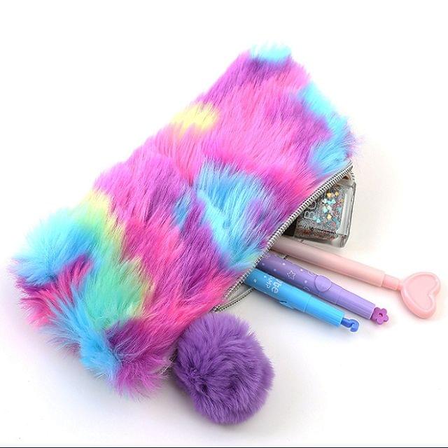 Plush Pencil Case Rainbow Pencilcase School Supplies Girl Stationery Gift(1)