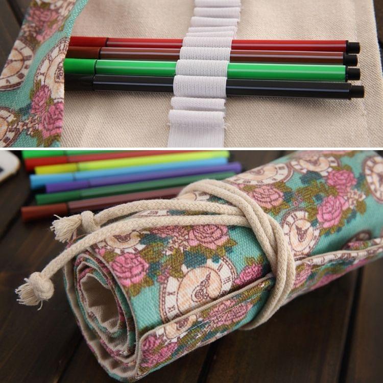 48 Slots Rose Clock Print Pen Bag Canvas Pencil Wrap Curtain Roll Up Pencil Case Stationery Pouch