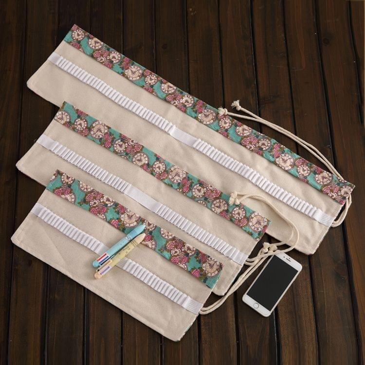 48 Slots Rose Clock Print Pen Bag Canvas Pencil Wrap Curtain Roll Up Pencil Case Stationery Pouch