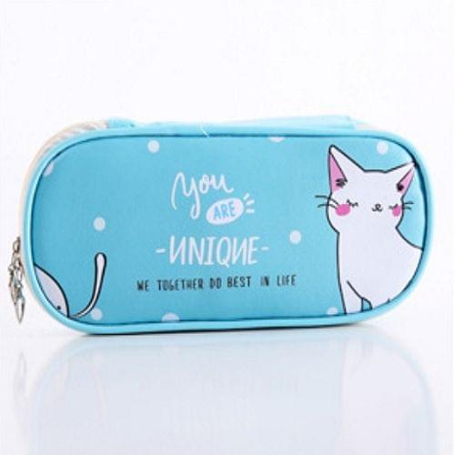 Cute Cat Pattern Pencil Case Girls Boys Large Capacity Multifunctional Leather Pencil Case Big Pencil Bag Pen Box School Stationery(Green kitten)