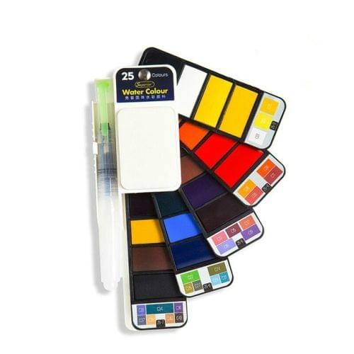 2 PCS Fan-shaped Solid Watercolor Paint Set With Water Brush Pen Foldable Travel Water Color Pigment(25 colors)