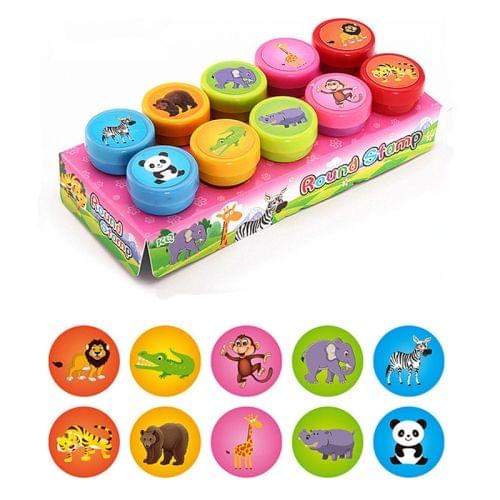 10 PCS/Box Round Multicolor Fun Cute Child DIY Scrapbook Stamp Cartoon Rubber Stamps Scrapbooking Reward Toy(Wild Animals)