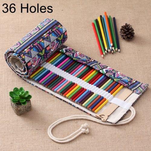 36 Slots Ethnic Print Pen Bag Canvas Pencil Wrap Curtain Roll Up Pencil Case Stationery Pouch