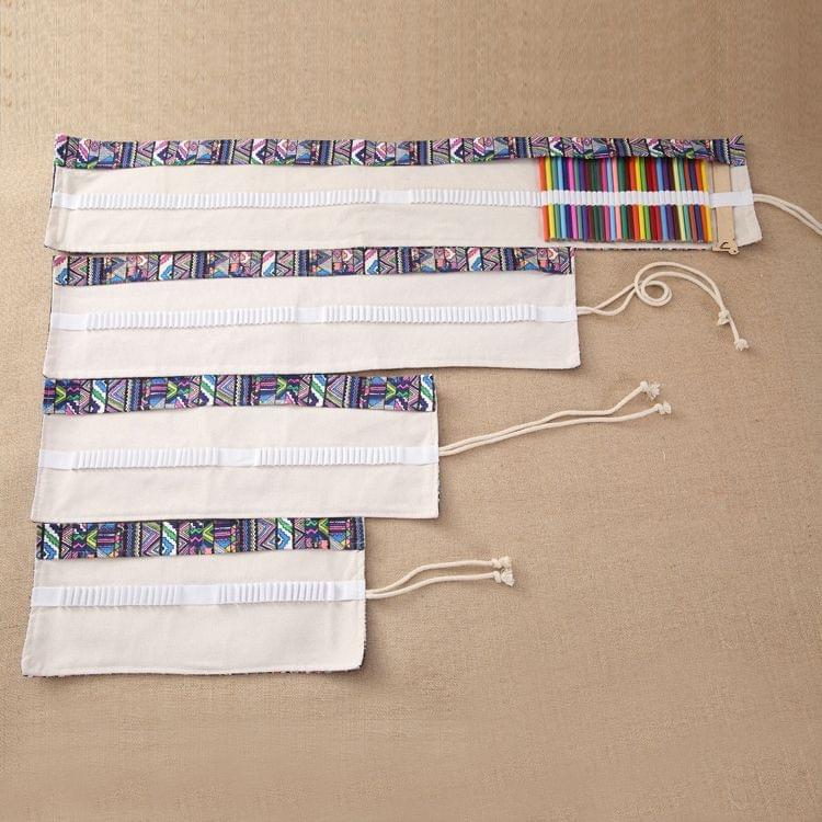 36 Slots Ethnic Print Pen Bag Canvas Pencil Wrap Curtain Roll Up Pencil Case Stationery Pouch
