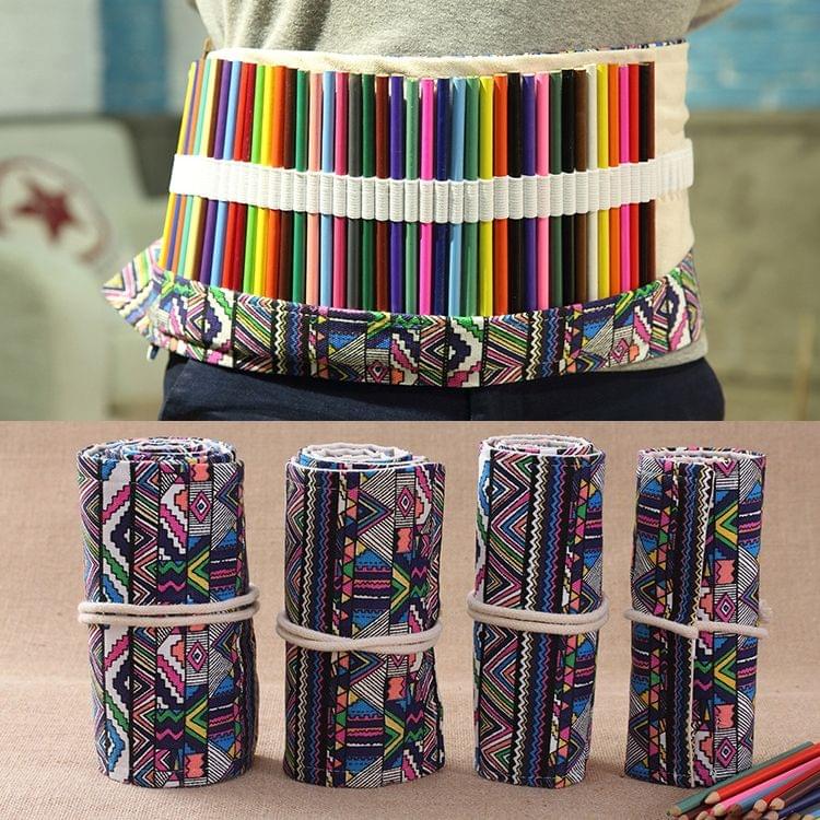 36 Slots Ethnic Print Pen Bag Canvas Pencil Wrap Curtain Roll Up Pencil Case Stationery Pouch