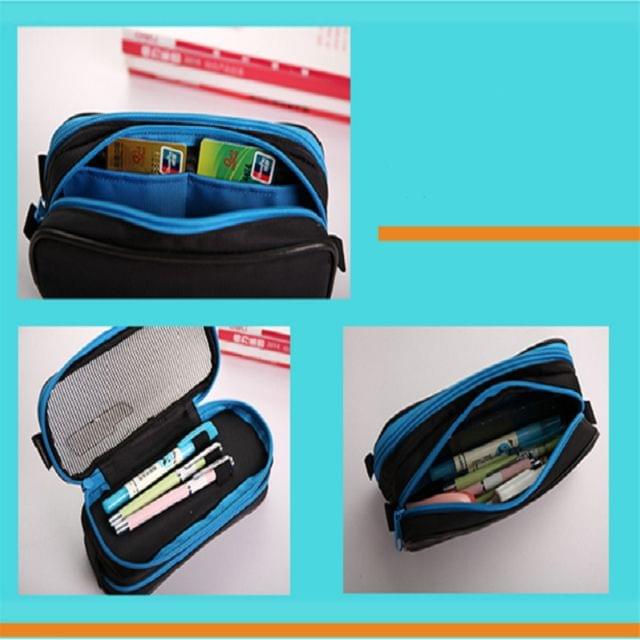 ACTIVE Large Capacity Multifunctional Canvas Pencil Cases Double Zipper Pen Box Boys Girls School Stationery Pouch(Blue)