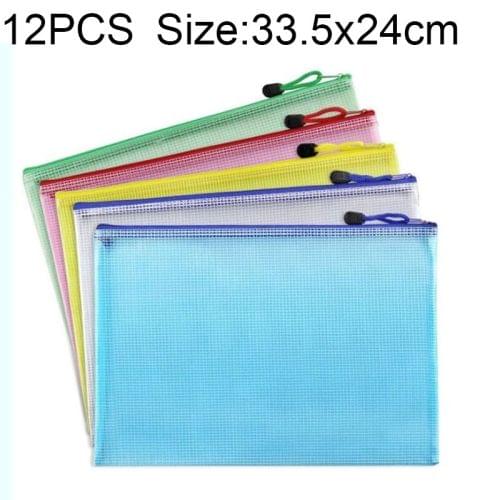 12 PCS Zipper Plastic Mesh Stationery Bag, Random Color Delivery (A4, Size: 33.5x24cm)