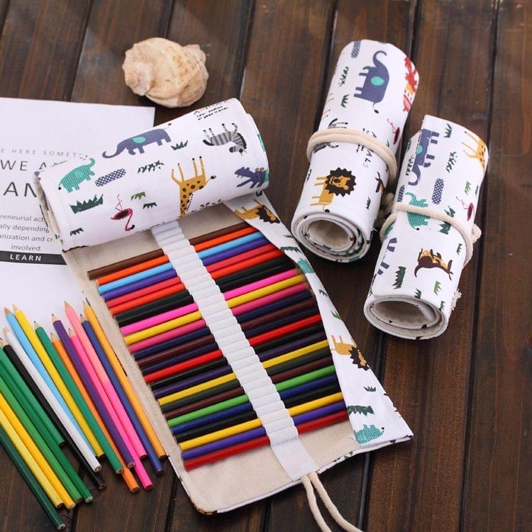 72 Slots Cartoon Animal Print Pen Bag Canvas Pencil Wrap Curtain Roll Up Pencil Case Stationery Pouch