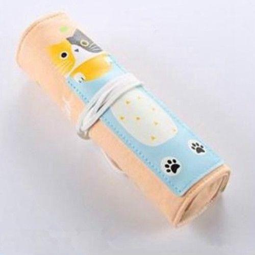 Cat Pattern Pencil Case School Pencil Case Canvas Roll Up Pencil Bag Portable Pencil Box School Supplies(Blue Cat)