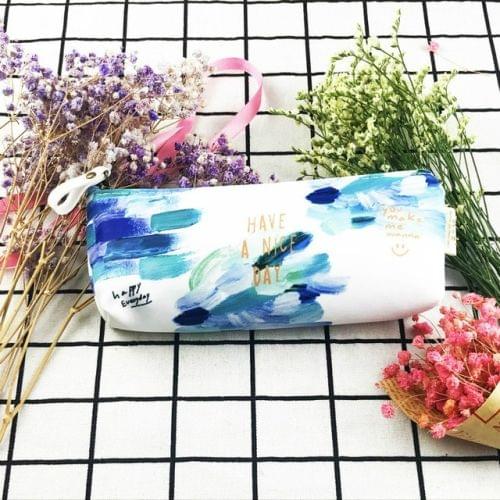 Kawaii Canvas Pencil Bags Cases Colorful Creative Brush Doodle Pouch School Supplies Stationery Pen Box(Blue and Green)