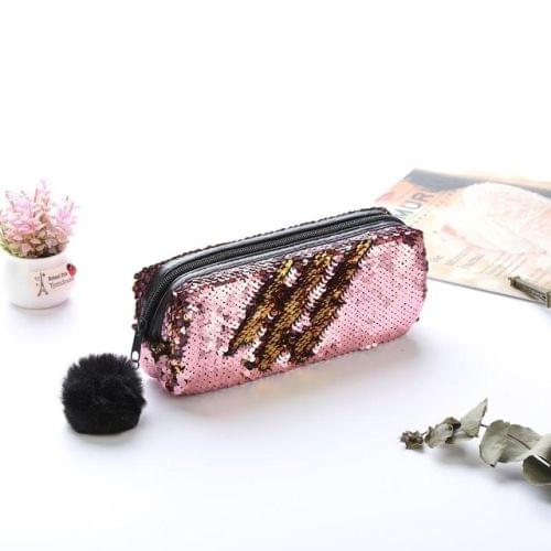 3 PCS Reversible Sequin Pencil Case for Girls School Supplies Super Big Stationery Gift Magic Makeup Bag(Pink+Glod)