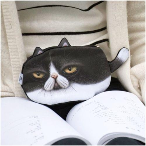 Kawaii Cats Zipper Pencils Bags Cute 3D Plush Pencils Case Large Capacity School Supplies Stationery Pen Box(Long Black Tail)