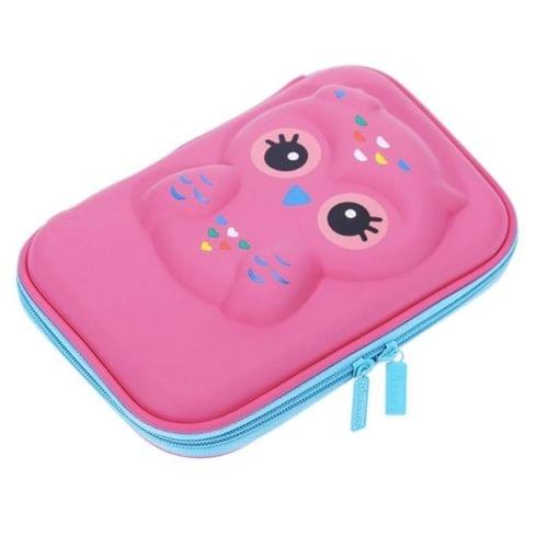 3 PCS EVA Hard Case Pen Bag Owl Pattern Large Capacity Pen Box(Pink)