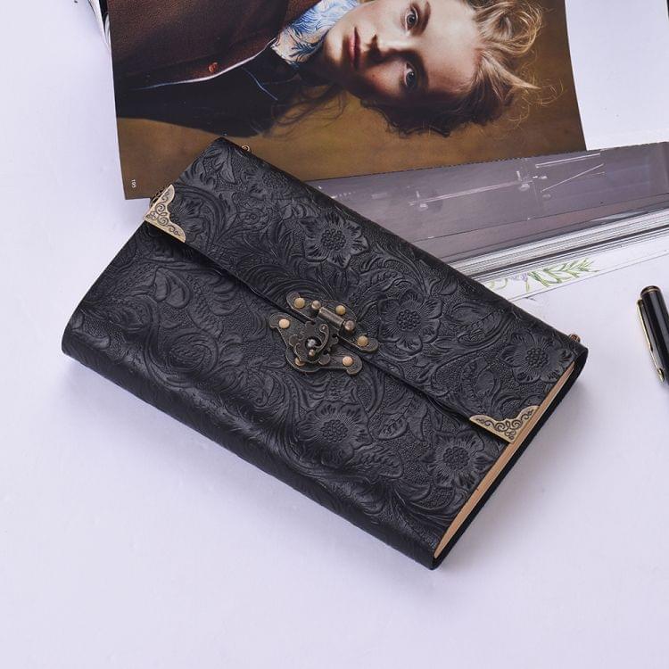 Embossed Pattern Soft Leather Travel Leather Notebook Diary Notepad with Lock & Key(Brown)