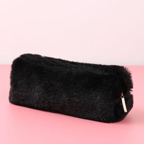 Kawaii Solid Color Plush Pencil Case Girls Large Capacity Pencil Bag Stationery Pencilcase Zipper Pen Box School Supplies(Black)