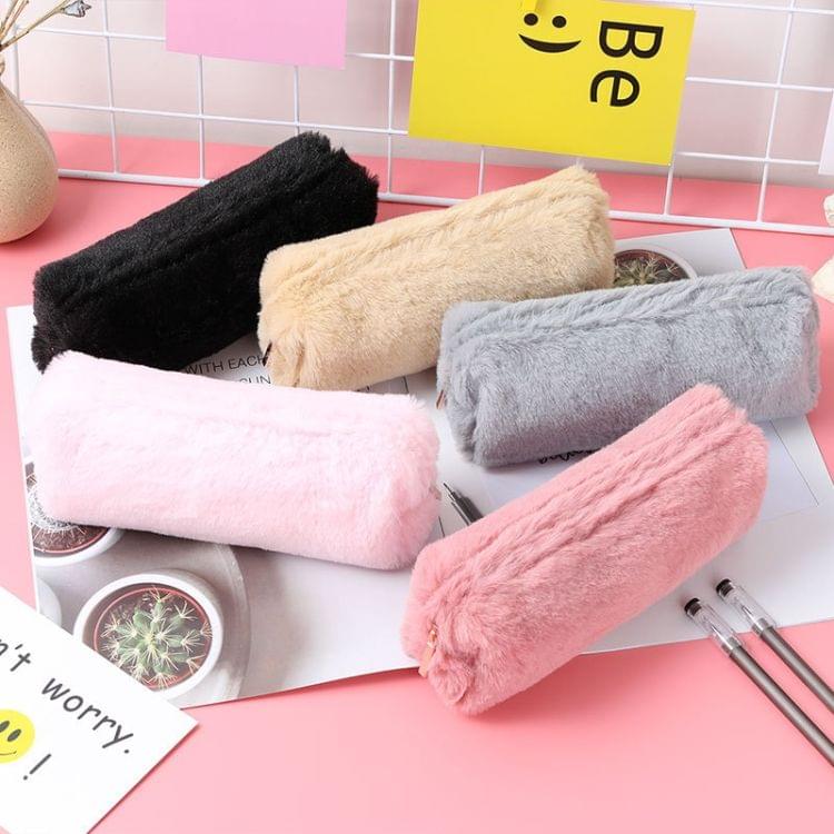 Kawaii Solid Color Plush Pencil Case Girls Large Capacity Pencil Bag Stationery Pencilcase Zipper Pen Box School Supplies(Black)