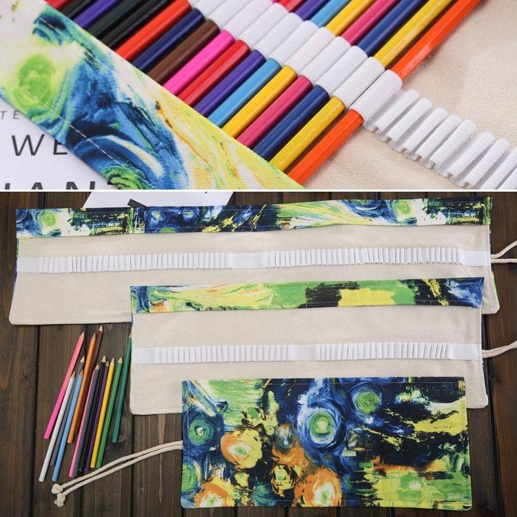 36 Slots Van Gogh Oil Painting Print Pen Bag Canvas Pencil Wrap Curtain Roll Up Pencil Case Stationery Pouch