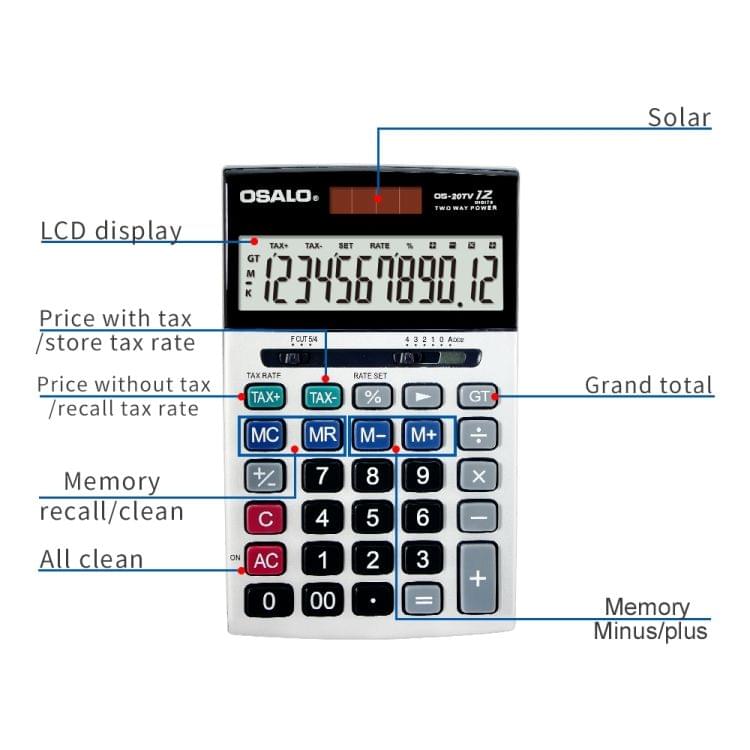 OSALO OS-20TV 12 Digits Desktop Tax Rate Calculator Solar Energy Dual Power Calculator
